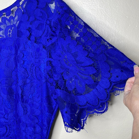 MSLG Sheath Blue Dress Lace Overlay Short Sleeves Croquette Scalloped Hem NWT Lg - Picture 5 of 11